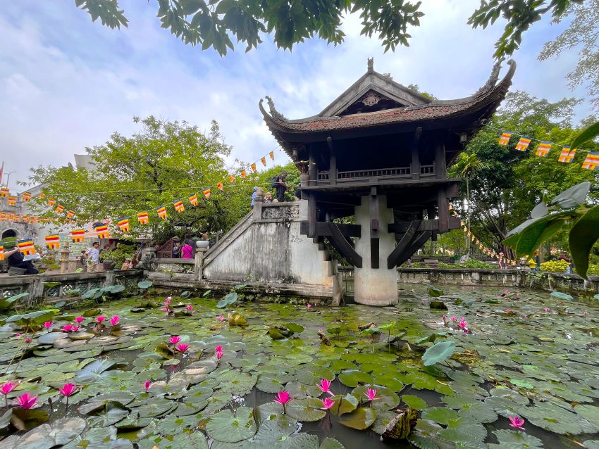One Pillar Pagoda rising above a lotus pond in Hanoi