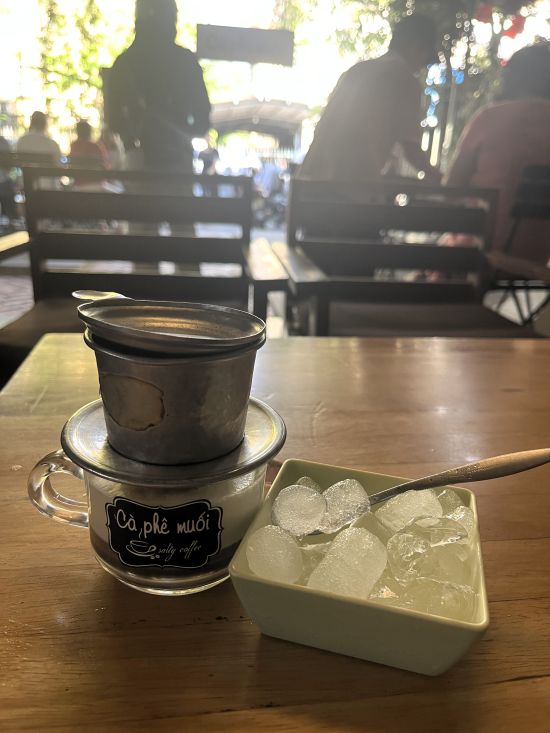 Traditional salt coffee with a phin filter at Ca Phe Muoi in Hue