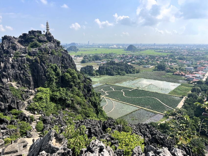 View of pagoda and lotus ponds from up high at Mua Cave